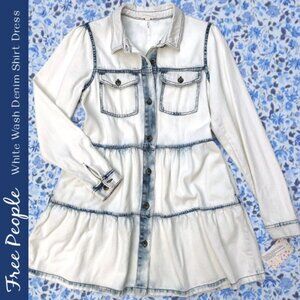 Free People White Wash Denim Tiered Shirt Dress Size S
